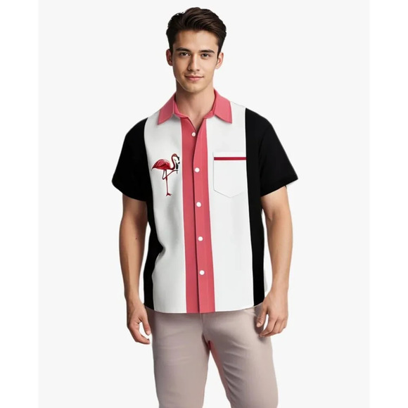 ❤️Men Pink Print Short Sleeve Hawaiian Fit Casual Button Down Beach Shirts - Picture 2 of 7